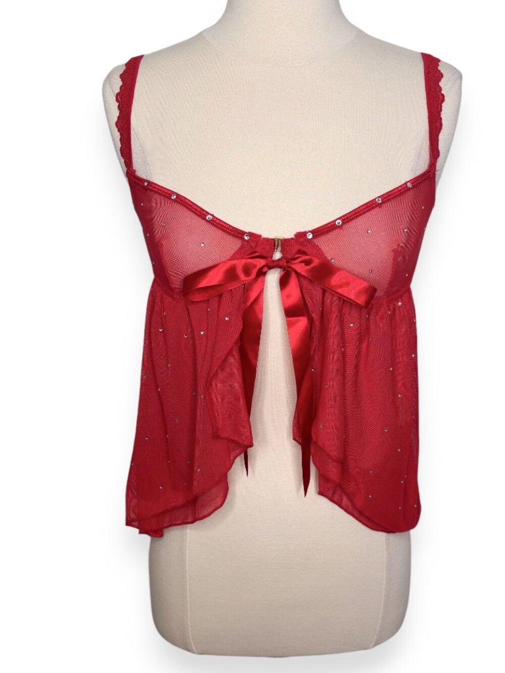 Seven Til Midnight Red Sheer Mesh Embellished Open Babydoll Lingerie Size Medium